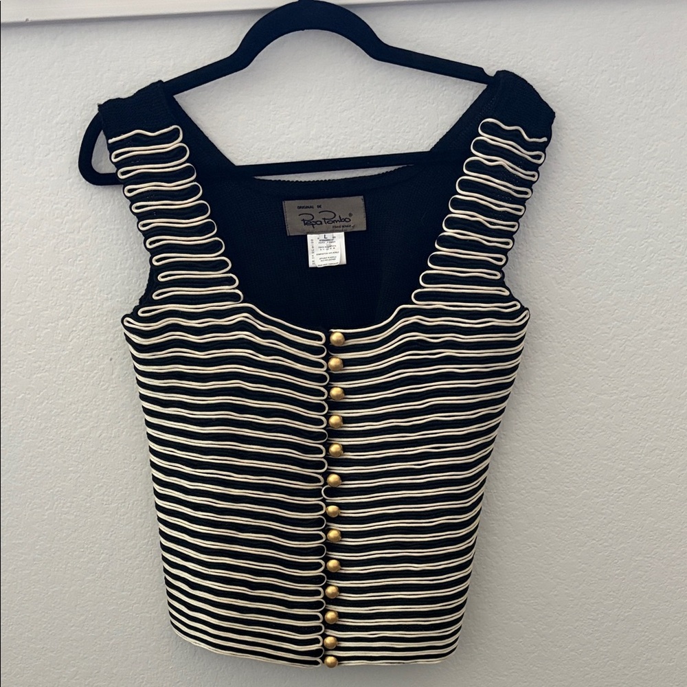 Pepa Pongo Black and White Tank Top with Gold Buttons. Vintage